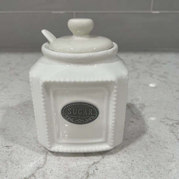 Unbranded Kitchen Sugar Jar Farmhouse Vintage Look White